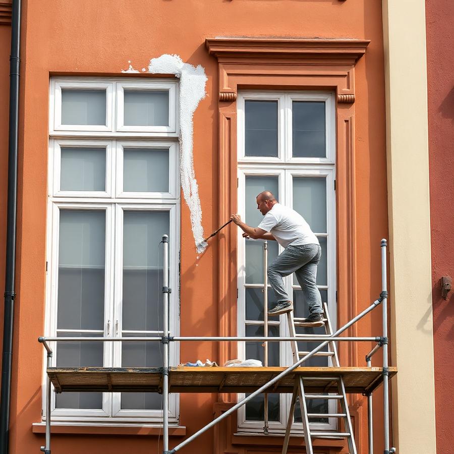 Maler på stillads i gang med facademaling i København